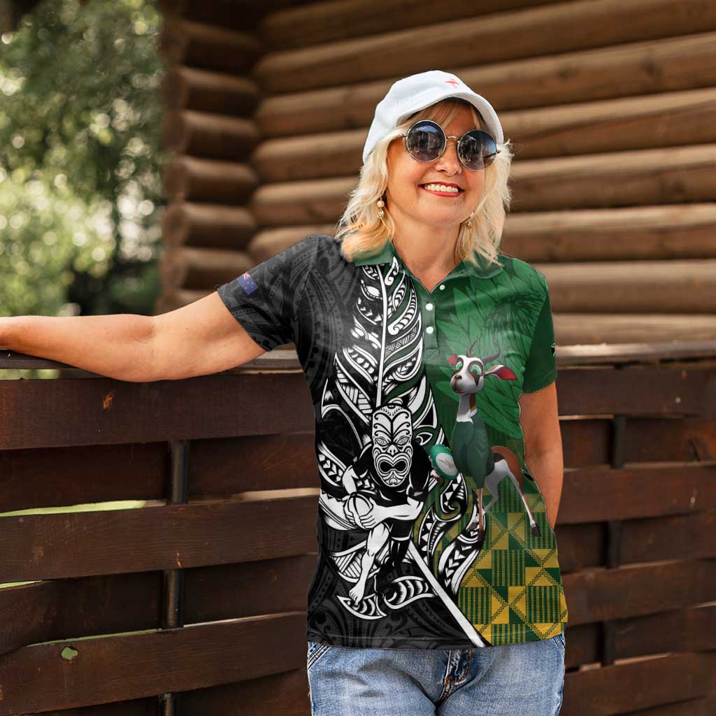 New Zealand and South Africa Rugby Custom Women Polo Shirt Maori Tiki Fern Springboks Kente Pattern - Aussie Hoodie