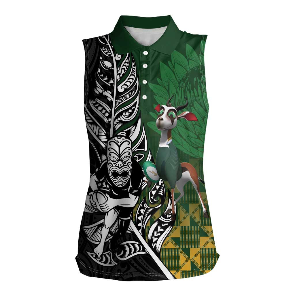 New Zealand and South Africa Rugby Custom Women Sleeveless Polo Shirt Maori Tiki Fern Springboks Kente Pattern - Aussie Hoodie