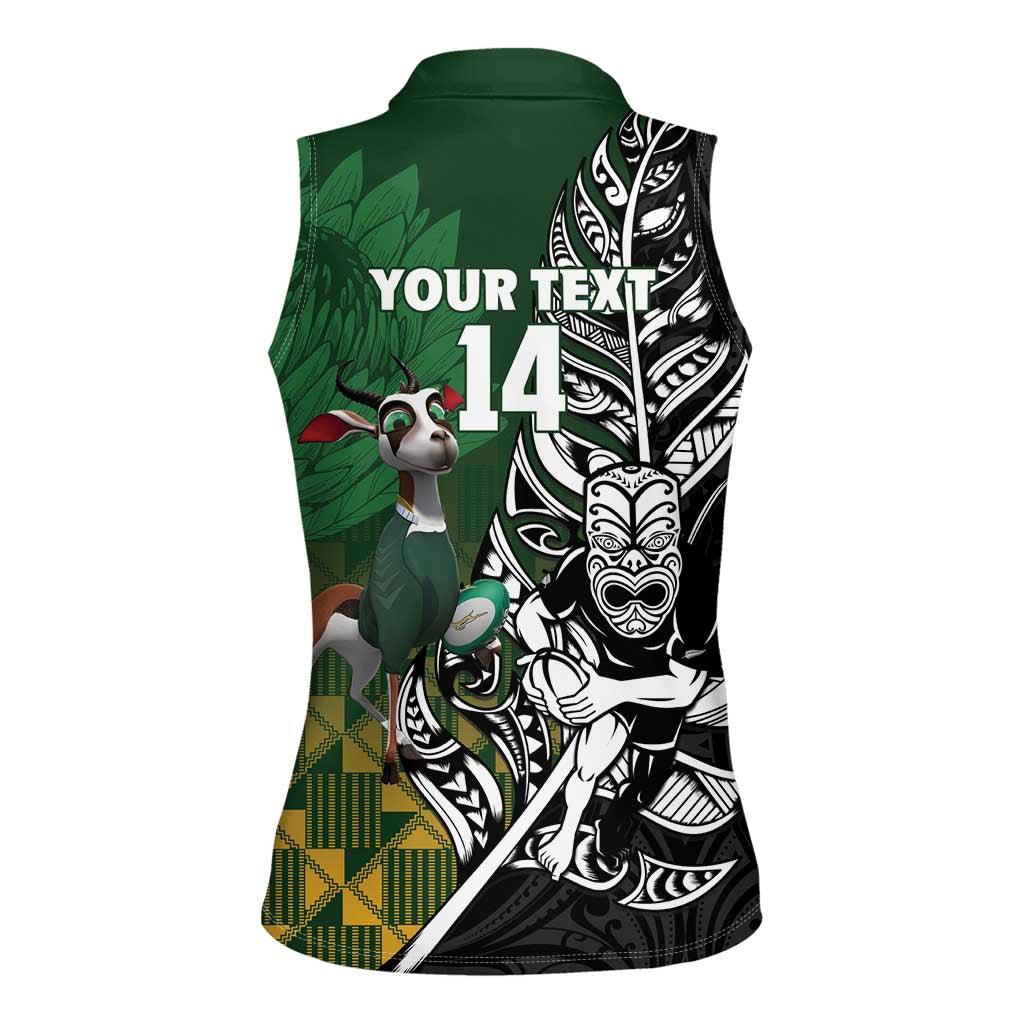 New Zealand and South Africa Rugby Custom Women Sleeveless Polo Shirt Maori Tiki Fern Springboks Kente Pattern - Aussie Hoodie