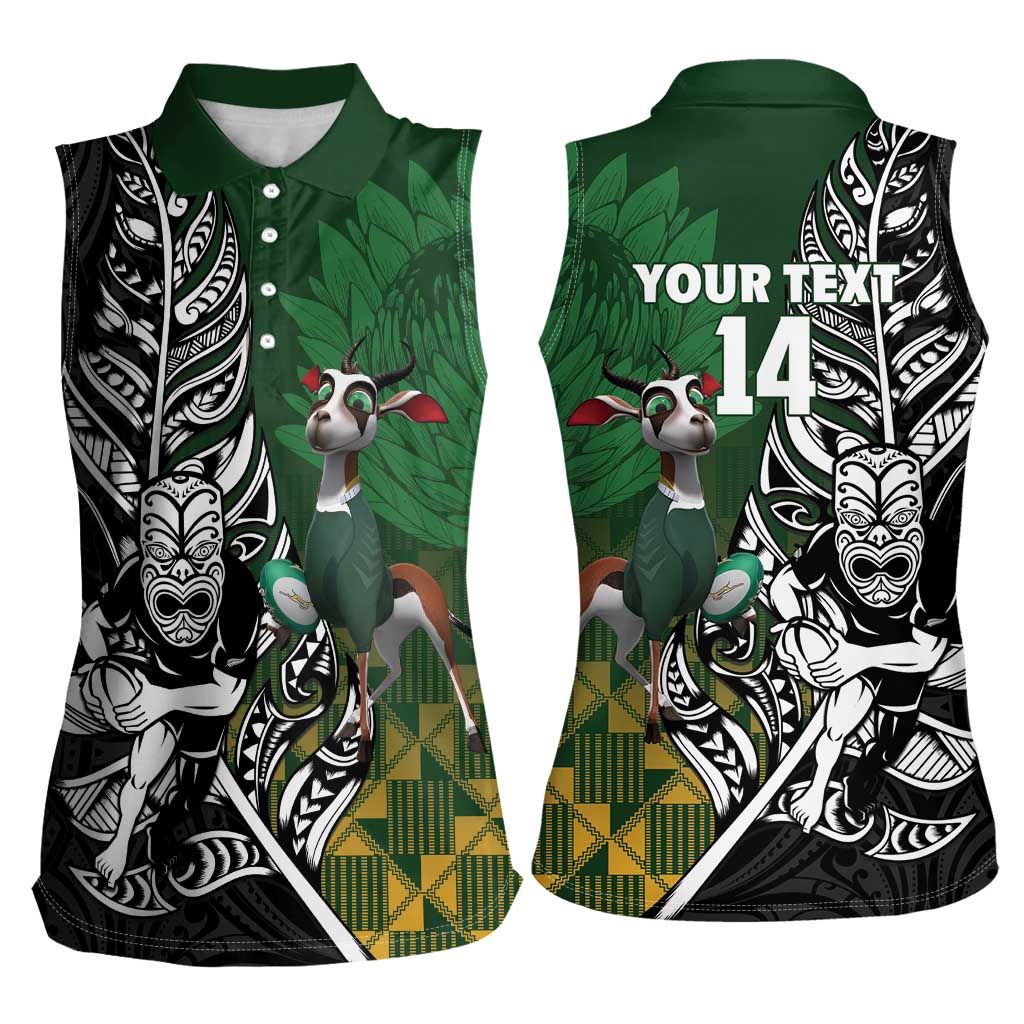 New Zealand and South Africa Rugby Custom Women Sleeveless Polo Shirt Maori Tiki Fern Springboks Kente Pattern - Aussie Hoodie
