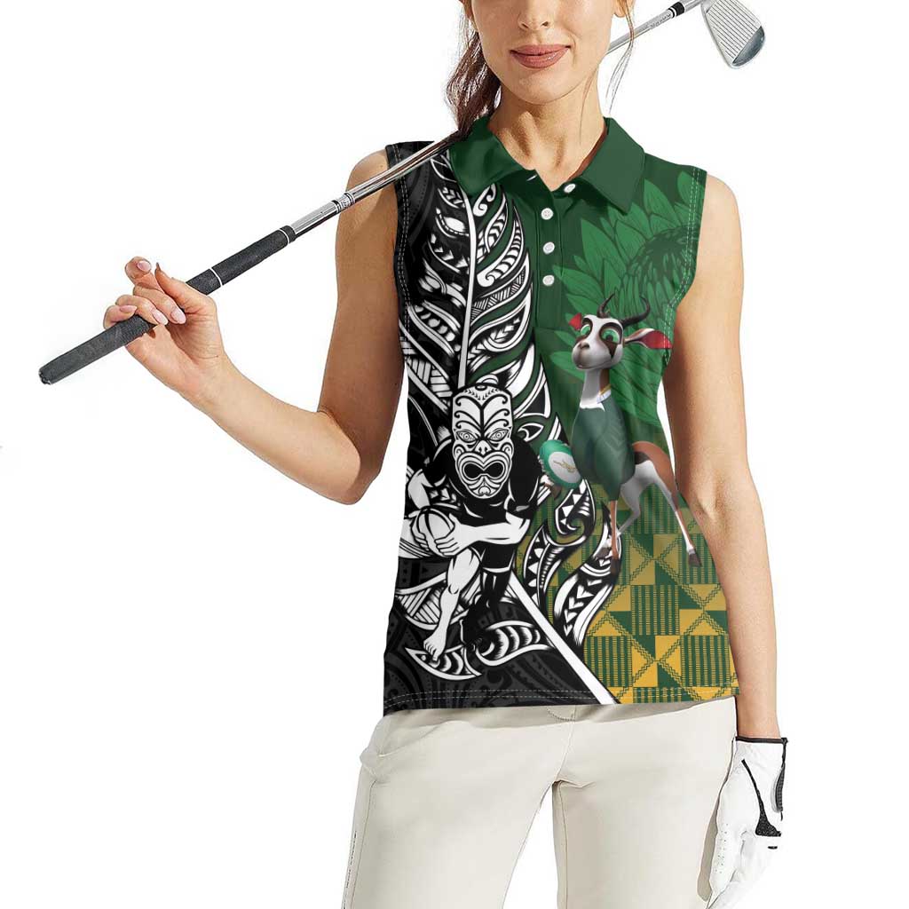 New Zealand and South Africa Rugby Custom Women Sleeveless Polo Shirt Maori Tiki Fern Springboks Kente Pattern - Aussie Hoodie