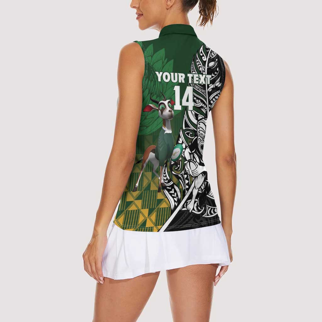 New Zealand and South Africa Rugby Custom Women Sleeveless Polo Shirt Maori Tiki Fern Springboks Kente Pattern - Aussie Hoodie