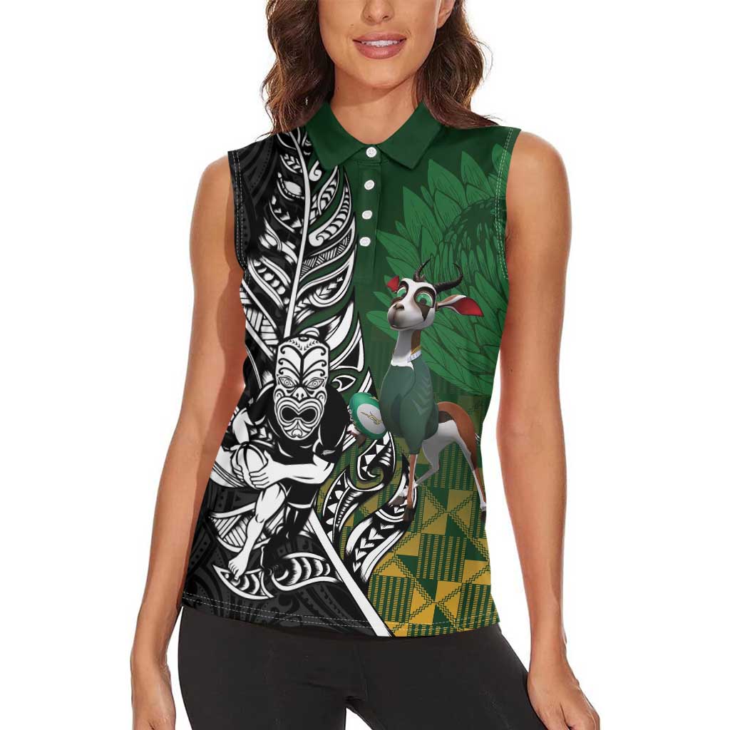 New Zealand and South Africa Rugby Custom Women Sleeveless Polo Shirt Maori Tiki Fern Springboks Kente Pattern - Aussie Hoodie