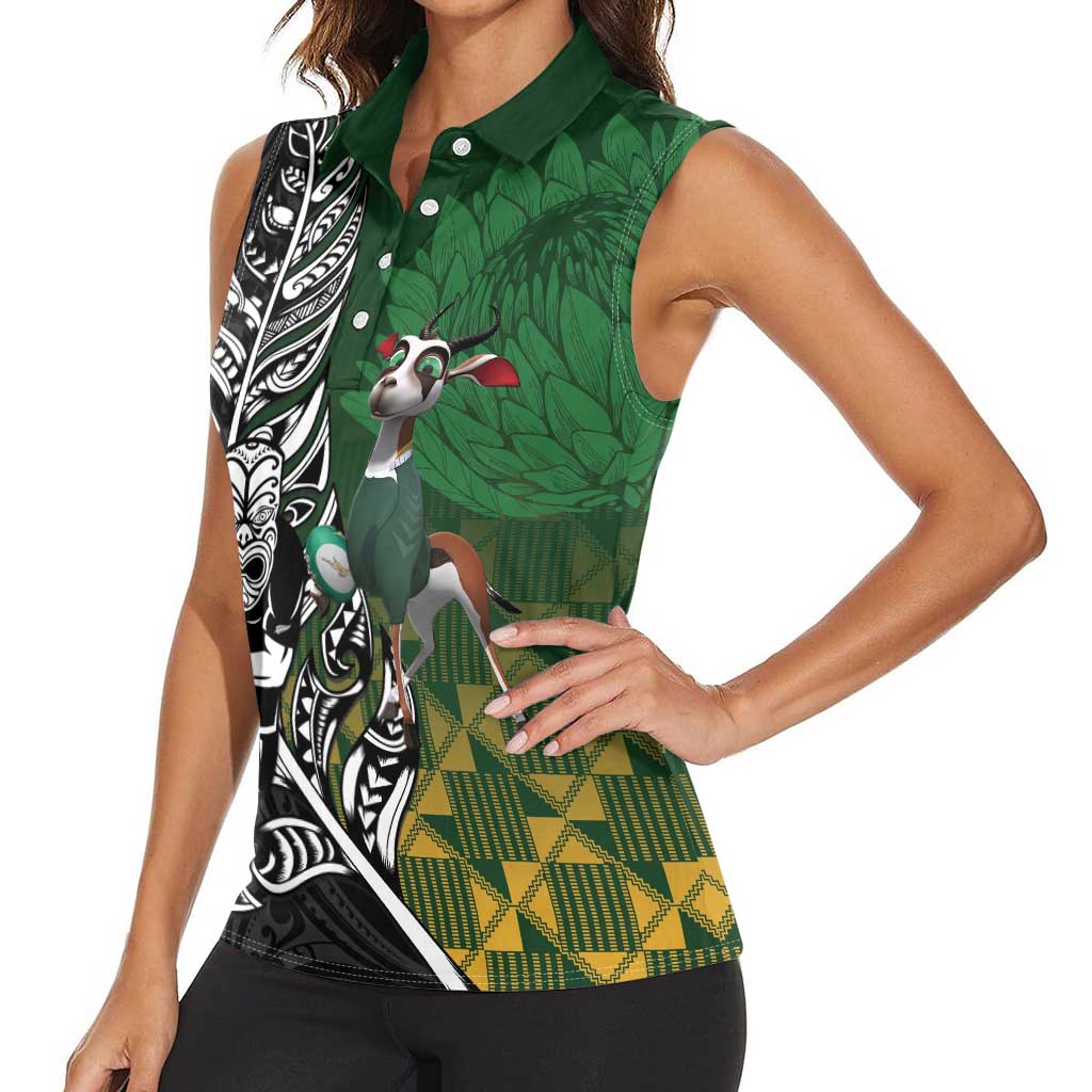 New Zealand and South Africa Rugby Custom Women Sleeveless Polo Shirt Maori Tiki Fern Springboks Kente Pattern - Aussie Hoodie