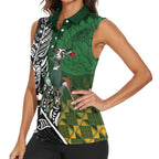 New Zealand and South Africa Rugby Custom Women Sleeveless Polo Shirt Maori Tiki Fern Springboks Kente Pattern - Aussie Hoodie