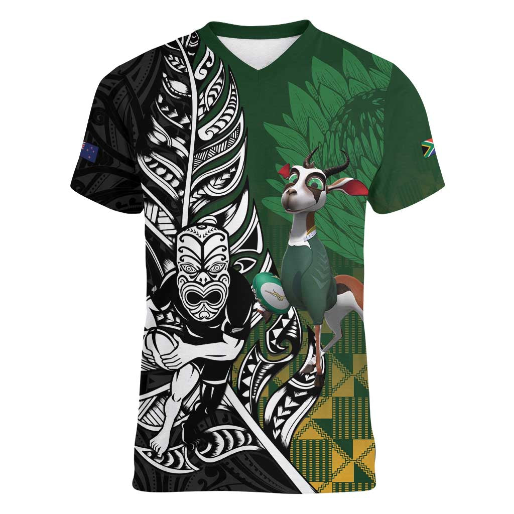 New Zealand and South Africa Rugby Custom Women V-Neck T-Shirt Maori Tiki Fern Springboks Kente Pattern - Aussie Hoodie
