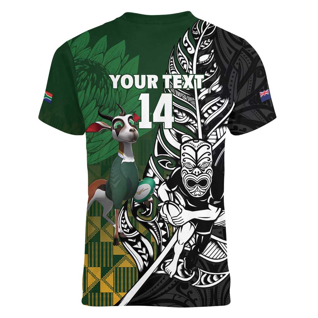 New Zealand and South Africa Rugby Custom Women V-Neck T-Shirt Maori Tiki Fern Springboks Kente Pattern - Aussie Hoodie