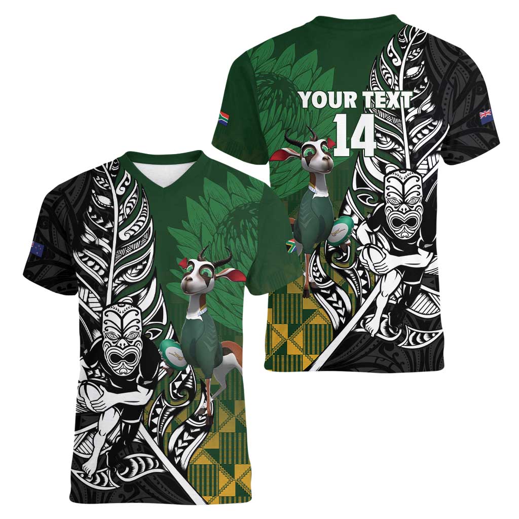 New Zealand and South Africa Rugby Custom Women V-Neck T-Shirt Maori Tiki Fern Springboks Kente Pattern - Aussie Hoodie