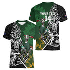 New Zealand and South Africa Rugby Custom Women V-Neck T-Shirt Maori Tiki Fern Springboks Kente Pattern - Aussie Hoodie