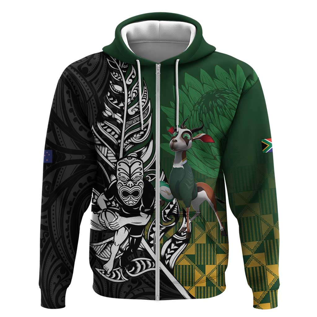 New Zealand and South Africa Rugby Custom Zip Hoodie Maori Tiki Fern Springboks Kente Pattern - Aussie Hoodie