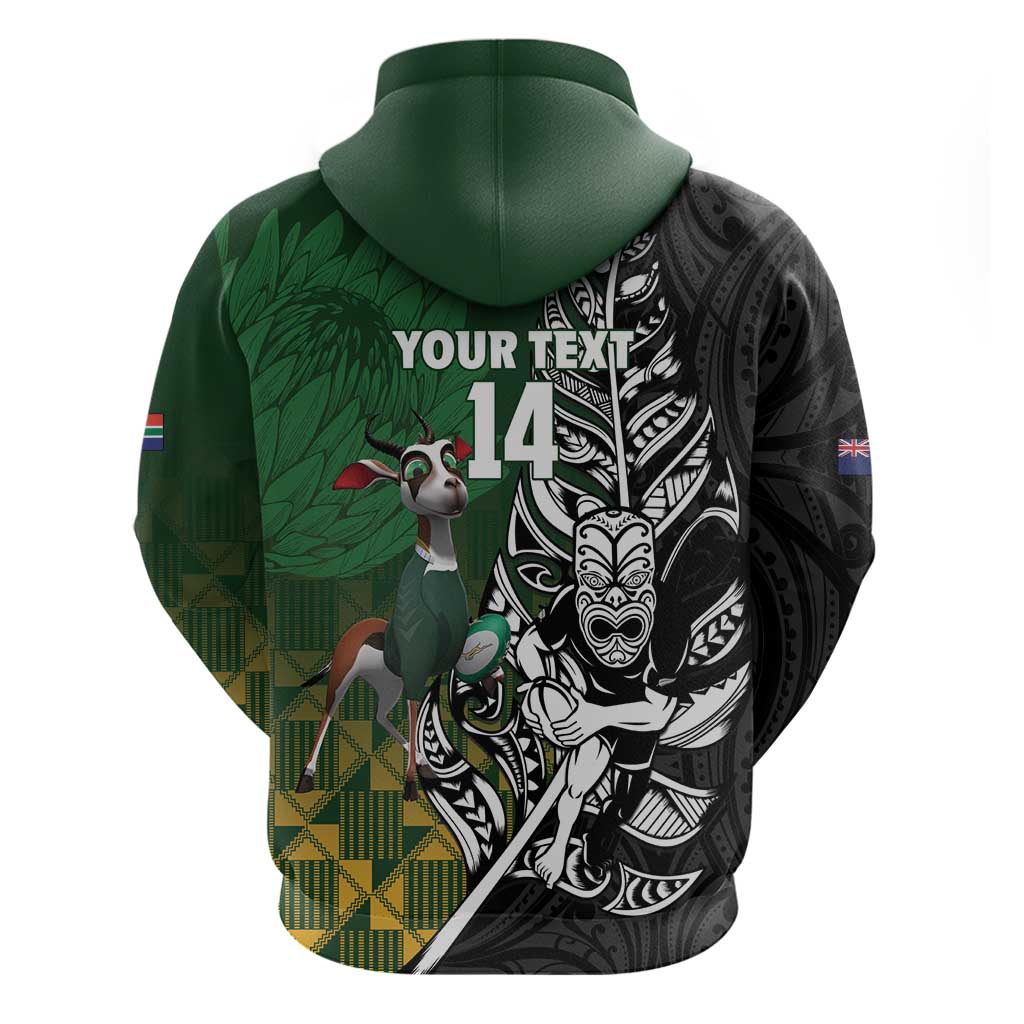 New Zealand and South Africa Rugby Custom Zip Hoodie Maori Tiki Fern Springboks Kente Pattern - Aussie Hoodie