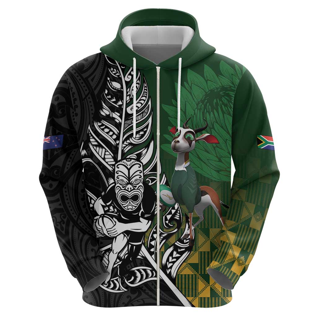 New Zealand and South Africa Rugby Custom Zip Hoodie Maori Tiki Fern Springboks Kente Pattern - Aussie Hoodie