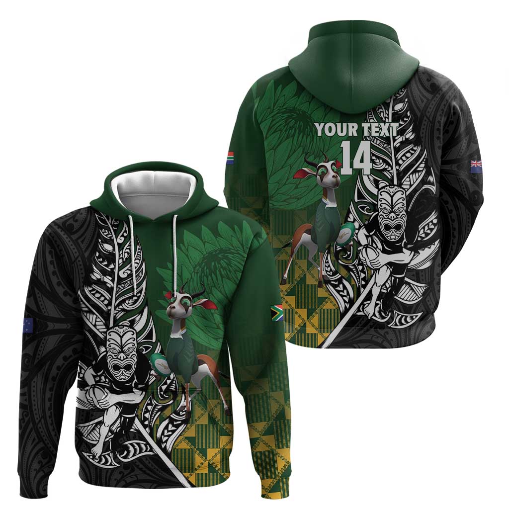 New Zealand and South Africa Rugby Custom Zip Hoodie Maori Tiki Fern Springboks Kente Pattern - Aussie Hoodie