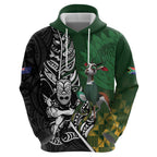 New Zealand and South Africa Rugby Custom Zip Hoodie Maori Tiki Fern Springboks Kente Pattern - Aussie Hoodie