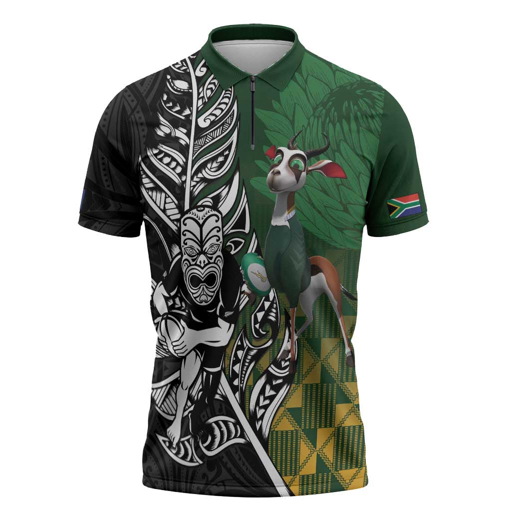 New Zealand and South Africa Rugby Custom Zipper Polo Shirt Maori Tiki Fern Springboks Kente Pattern - Aussie Hoodie
