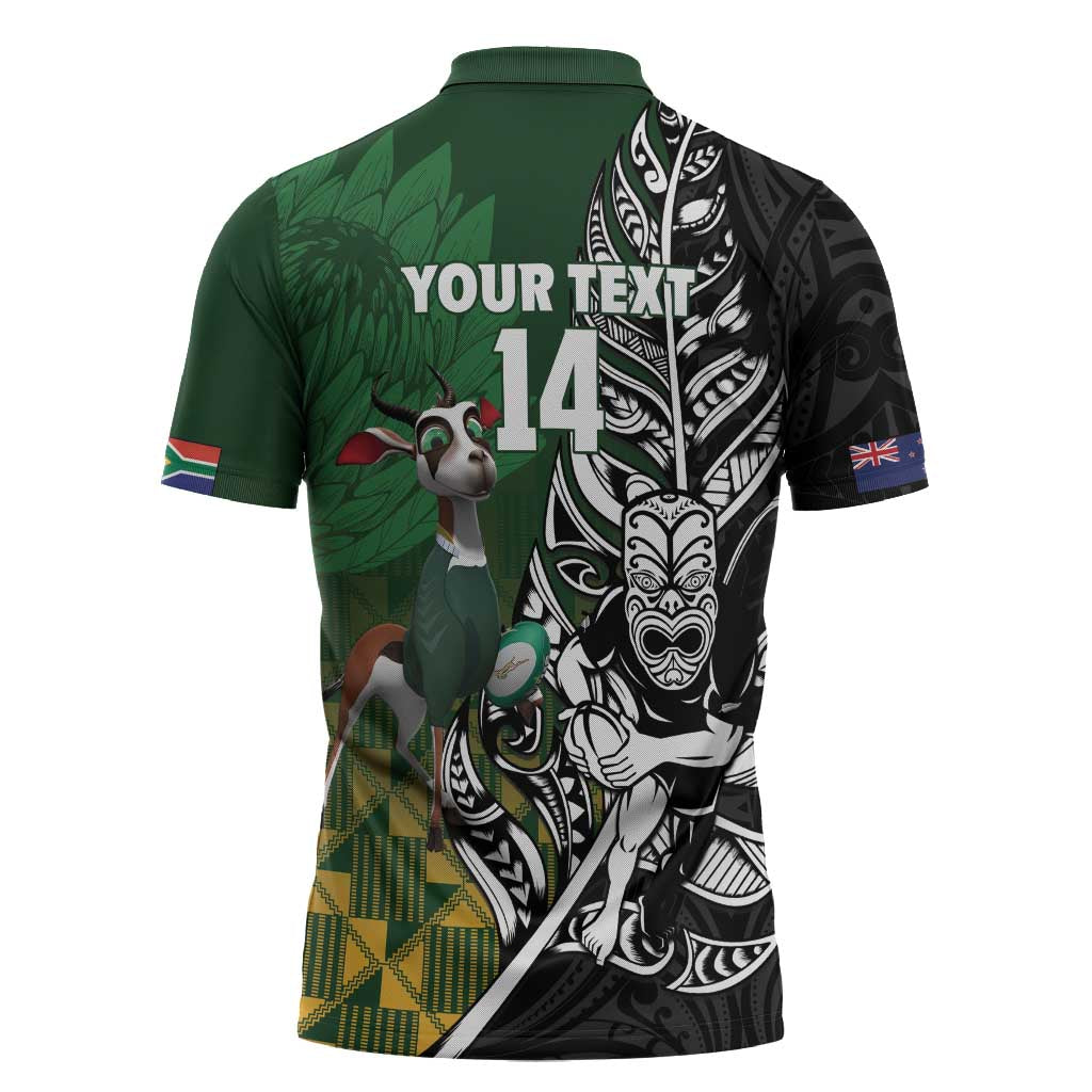New Zealand and South Africa Rugby Custom Zipper Polo Shirt Maori Tiki Fern Springboks Kente Pattern - Aussie Hoodie