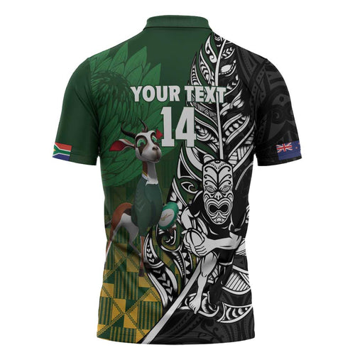 New Zealand and South Africa Rugby Custom Zipper Polo Shirt Maori Tiki Fern Springboks Kente Pattern - Aussie Hoodie