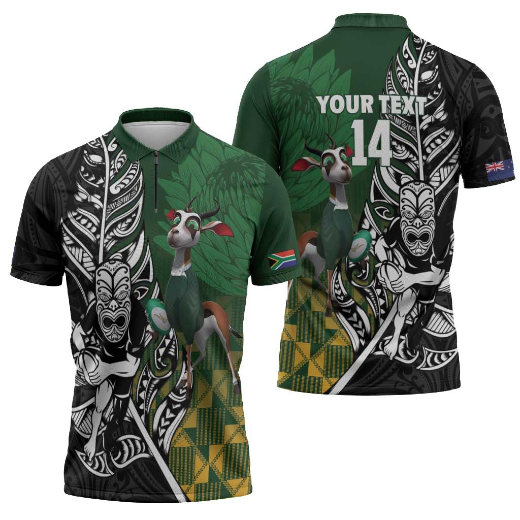New Zealand and South Africa Rugby Custom Zipper Polo Shirt Maori Tiki Fern Springboks Kente Pattern - Aussie Hoodie