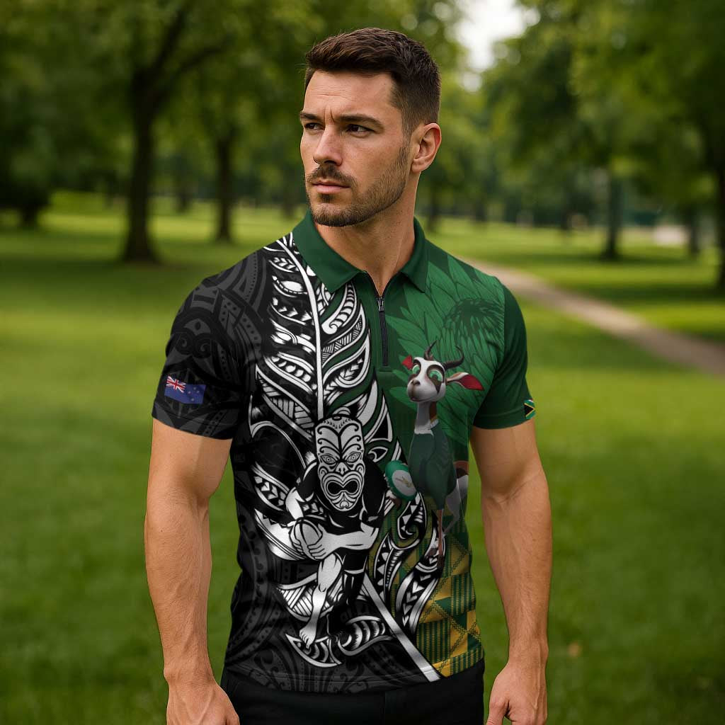 New Zealand and South Africa Rugby Custom Zipper Polo Shirt Maori Tiki Fern Springboks Kente Pattern - Aussie Hoodie
