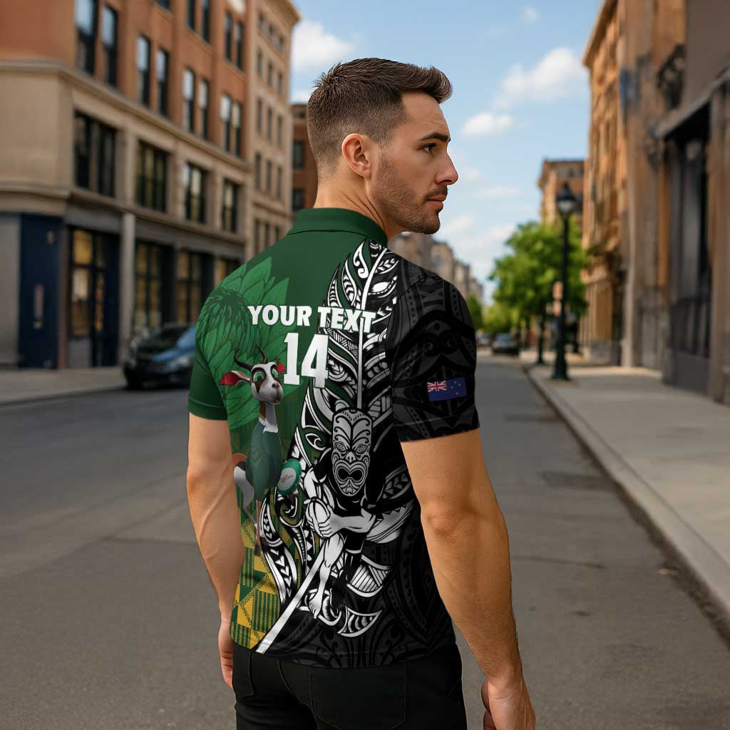 New Zealand and South Africa Rugby Custom Zipper Polo Shirt Maori Tiki Fern Springboks Kente Pattern - Aussie Hoodie