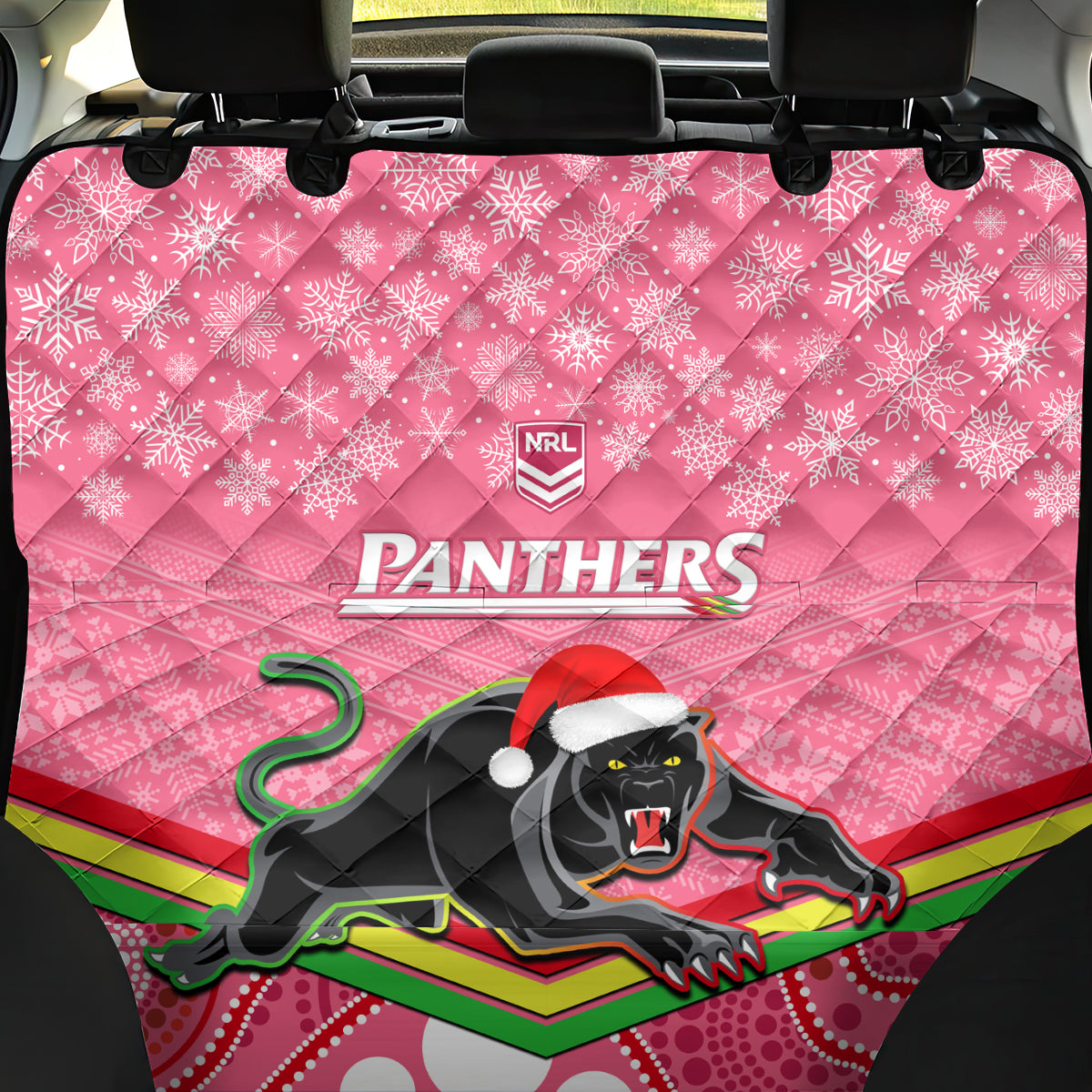 custom-panthers-rugby-christmas-back-car-seat-cover-merry-xmas-2023-mix-aboriginal-art-pink-version