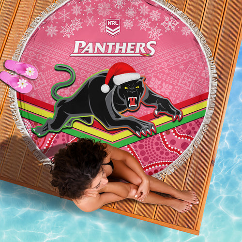 custom-panthers-rugby-christmas-beach-blanket-merry-xmas-2023-mix-aboriginal-art-pink-version