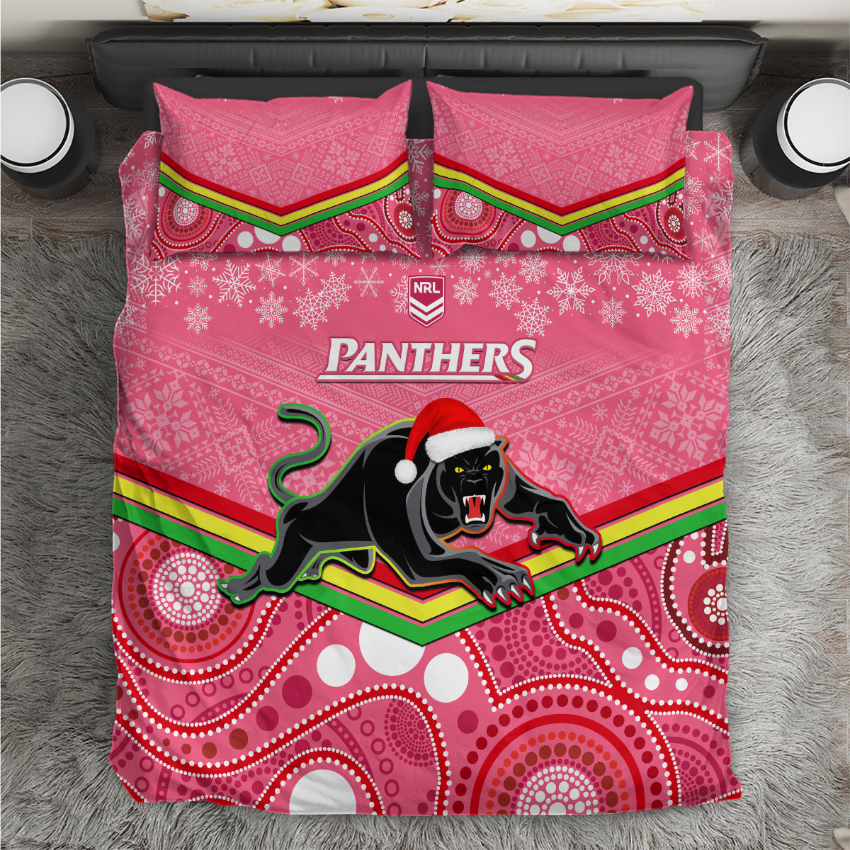 custom-panthers-rugby-christmas-bedding-set-merry-xmas-2023-mix-aboriginal-art-pink-version
