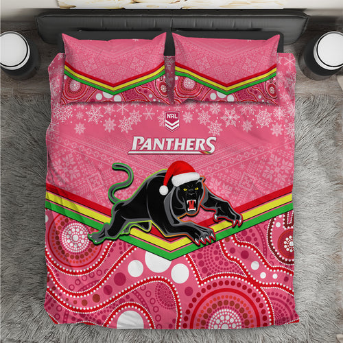 custom-panthers-rugby-christmas-bedding-set-merry-xmas-2023-mix-aboriginal-art-pink-version