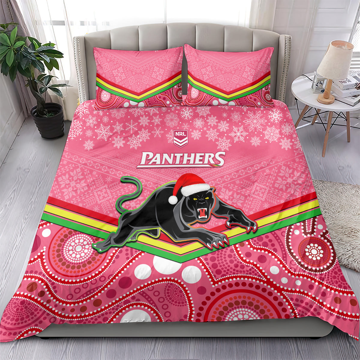 custom-panthers-rugby-christmas-bedding-set-merry-xmas-2023-mix-aboriginal-art-pink-version