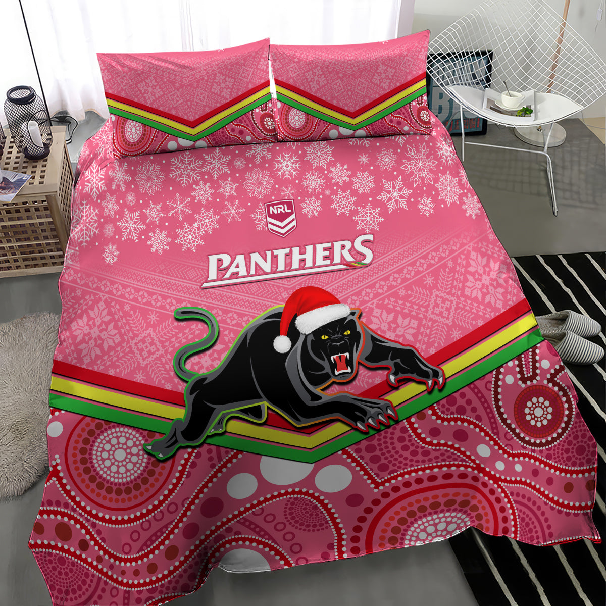 custom-panthers-rugby-christmas-bedding-set-merry-xmas-2023-mix-aboriginal-art-pink-version