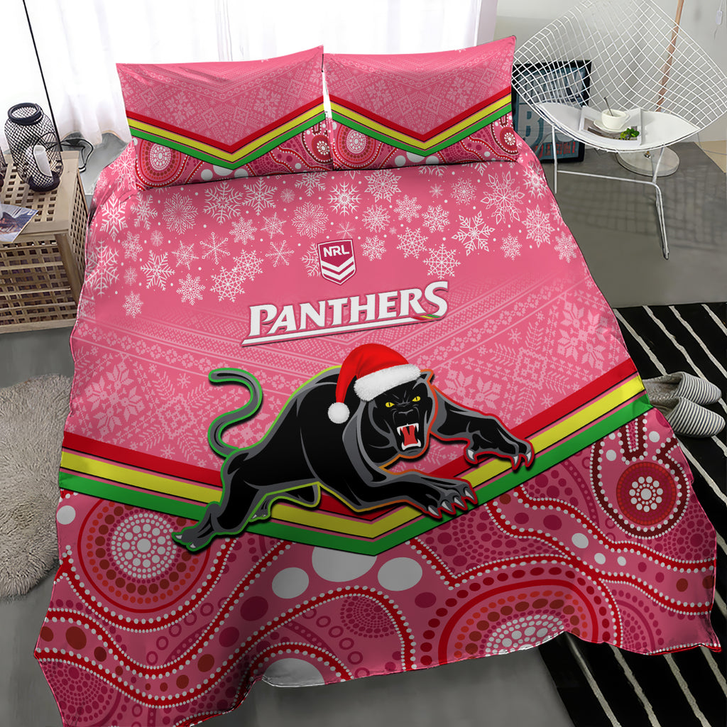 custom-panthers-rugby-christmas-bedding-set-merry-xmas-2023-mix-aboriginal-art-pink-version
