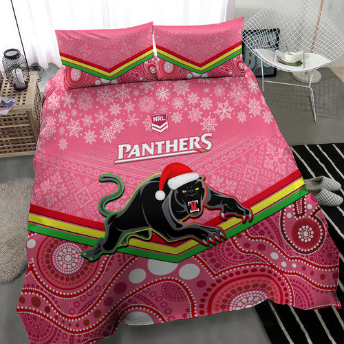 custom-panthers-rugby-christmas-bedding-set-merry-xmas-2023-mix-aboriginal-art-pink-version