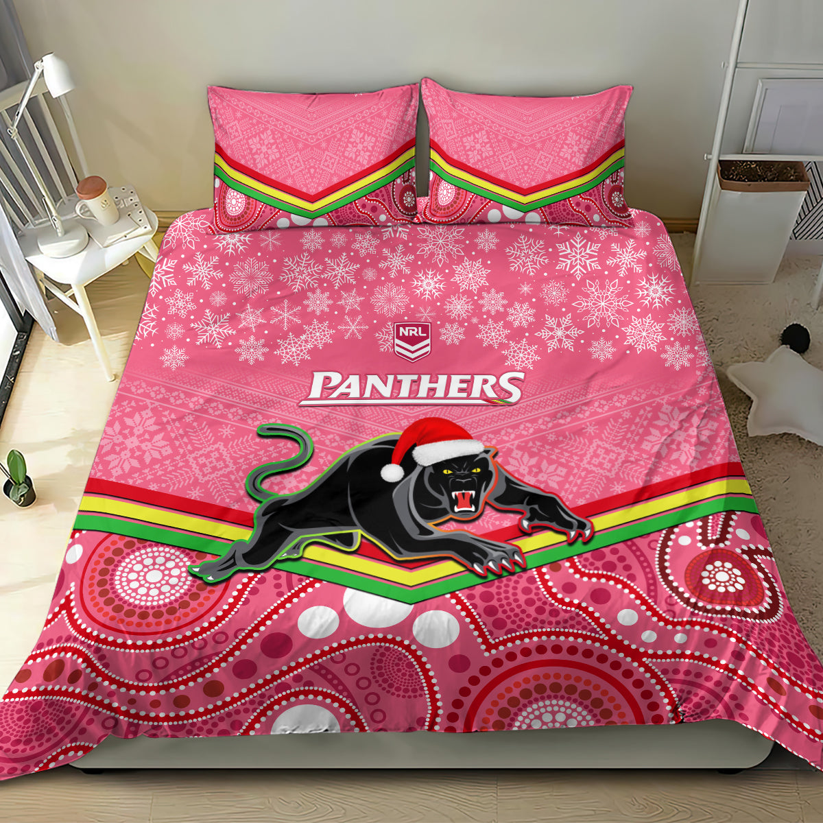 custom-panthers-rugby-christmas-bedding-set-merry-xmas-2023-mix-aboriginal-art-pink-version