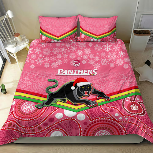 custom-panthers-rugby-christmas-bedding-set-merry-xmas-2023-mix-aboriginal-art-pink-version