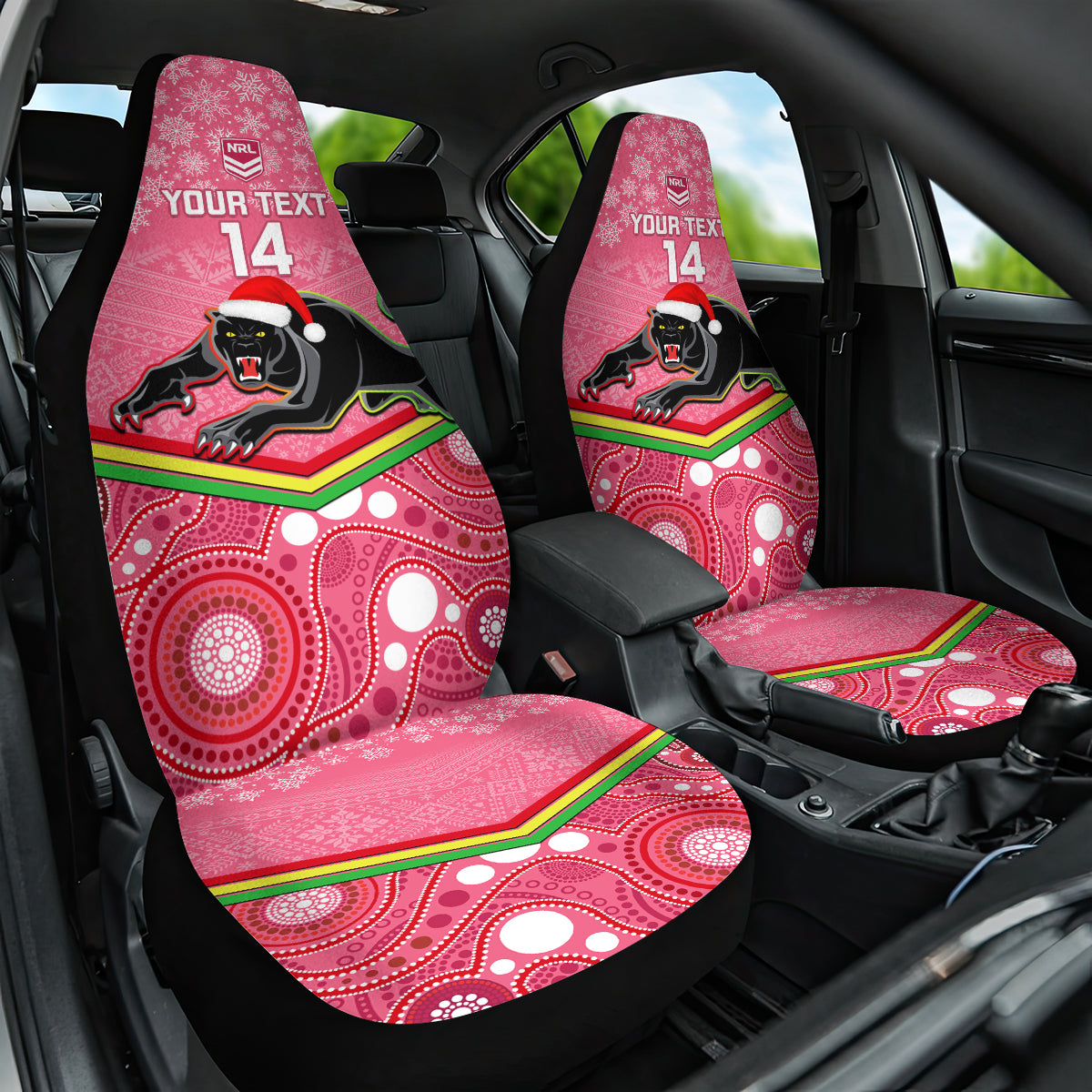 custom-panthers-rugby-christmas-car-seat-cover-merry-xmas-2023-mix-aboriginal-art-pink-version