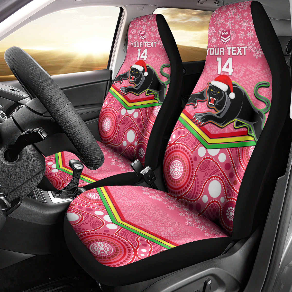 custom-panthers-rugby-christmas-car-seat-cover-merry-xmas-2023-mix-aboriginal-art-pink-version