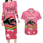 custom-panthers-rugby-christmas-couples-matching-long-sleeve-bodycon-dress-and-hawaiian-shirt-merry-xmas-2023-mix-aboriginal-art-pink-version
