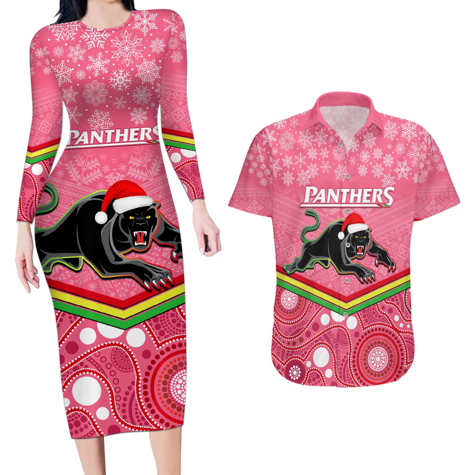 custom-panthers-rugby-christmas-couples-matching-long-sleeve-bodycon-dress-and-hawaiian-shirt-merry-xmas-2023-mix-aboriginal-art-pink-version