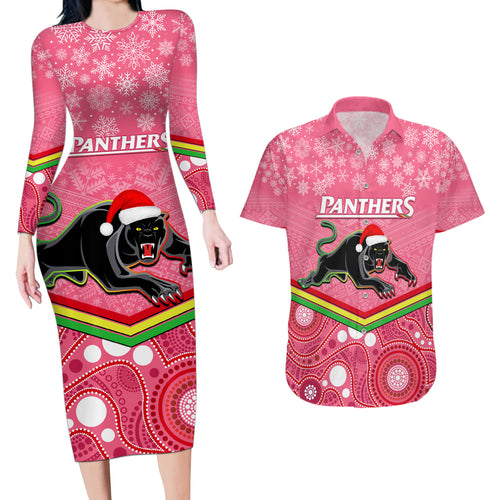 custom-panthers-rugby-christmas-couples-matching-long-sleeve-bodycon-dress-and-hawaiian-shirt-merry-xmas-2023-mix-aboriginal-art-pink-version