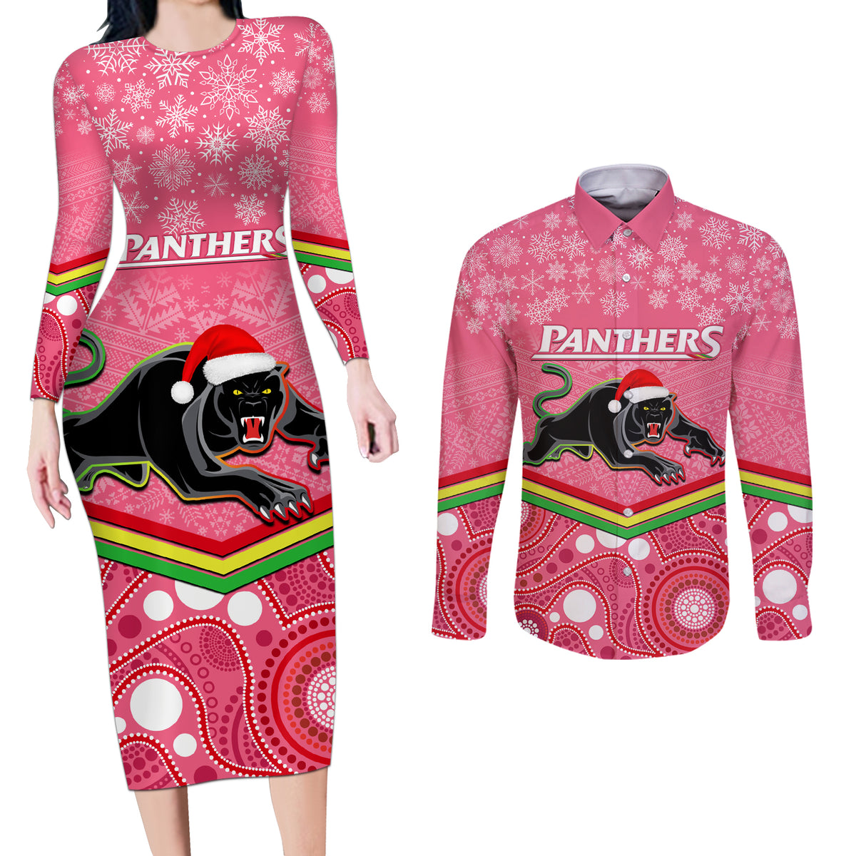custom-panthers-rugby-christmas-couples-matching-long-sleeve-bodycon-dress-and-long-sleeve-button-shirt-merry-xmas-2023-mix-aboriginal-art-pink-version