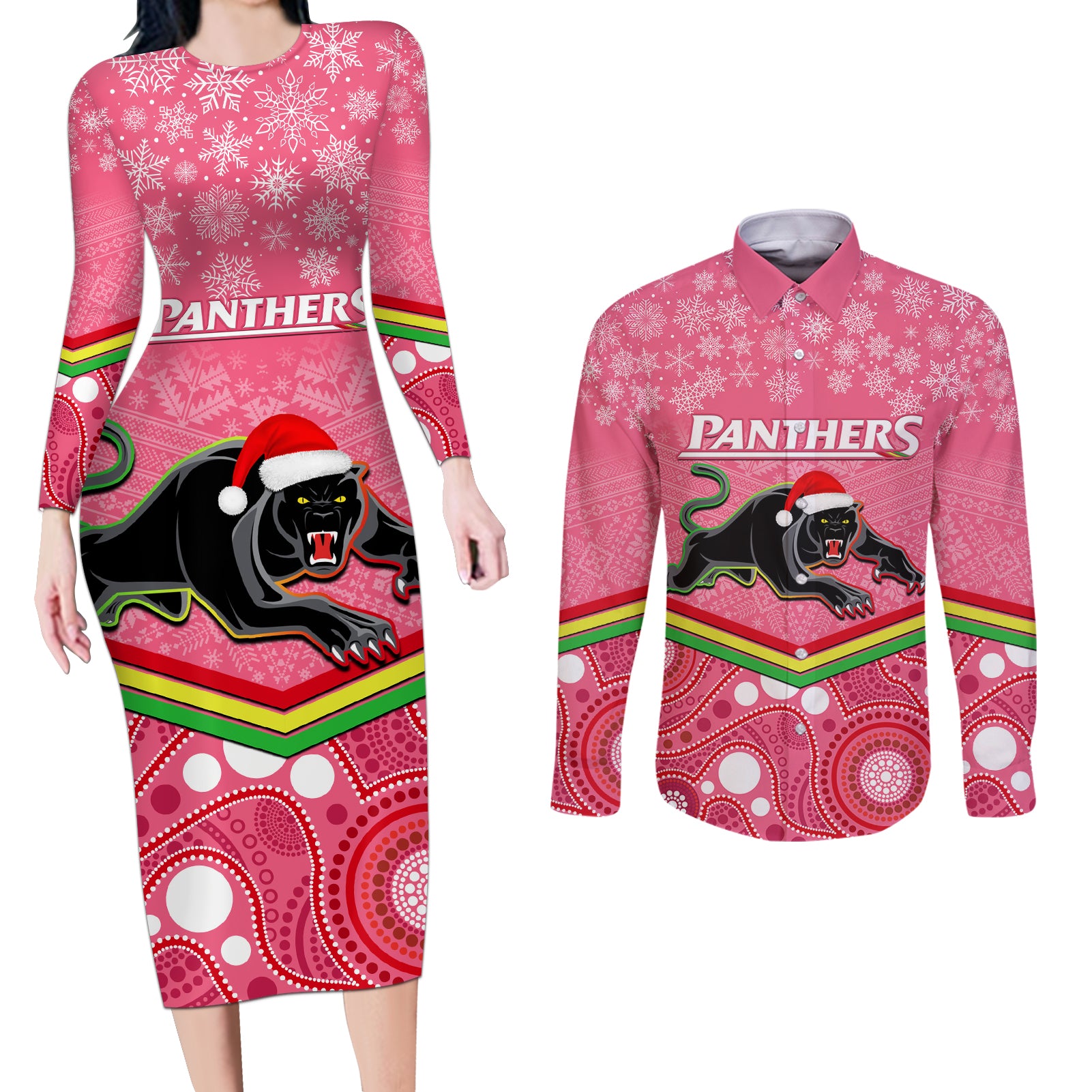 custom-panthers-rugby-christmas-couples-matching-long-sleeve-bodycon-dress-and-long-sleeve-button-shirt-merry-xmas-2023-mix-aboriginal-art-pink-version