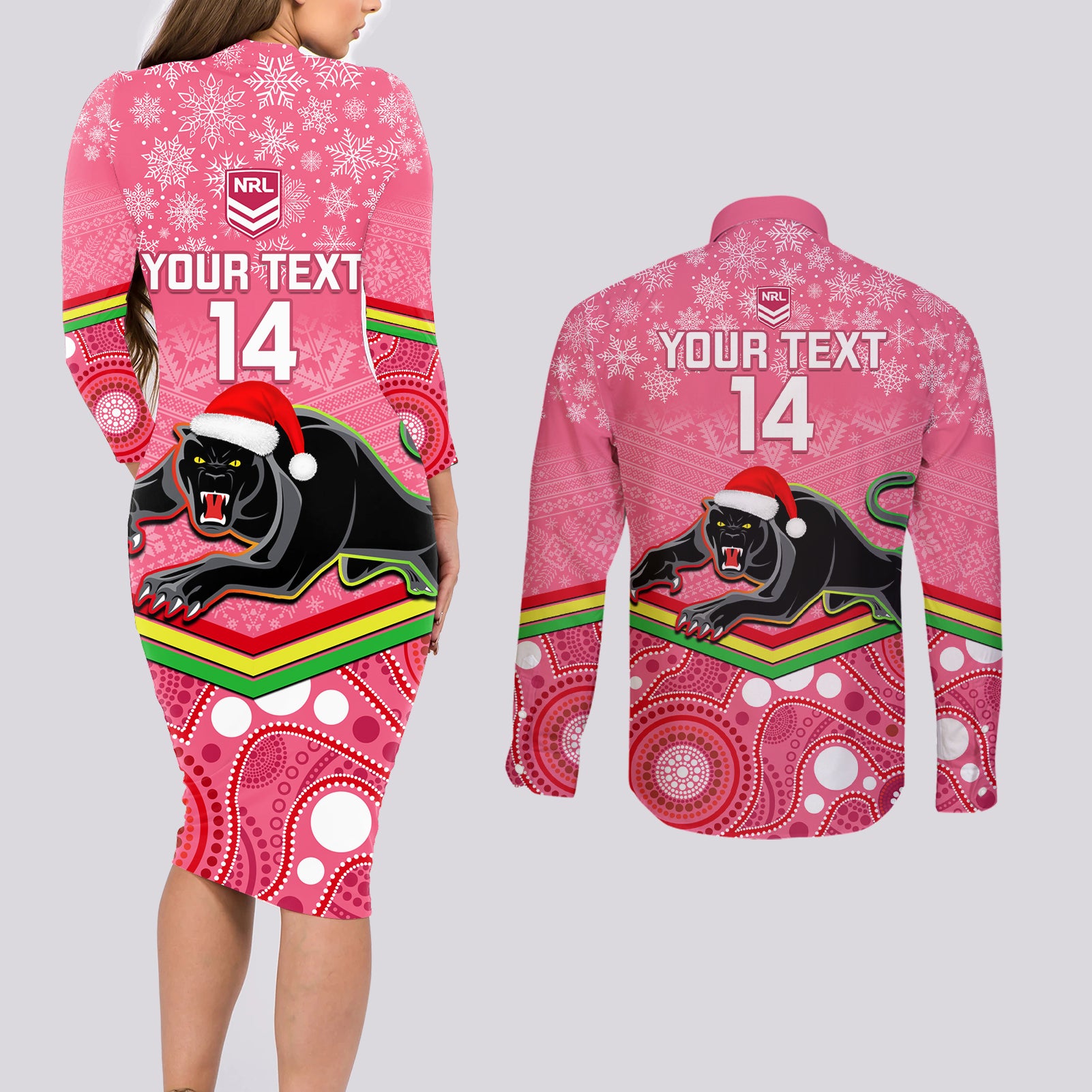 custom-panthers-rugby-christmas-couples-matching-long-sleeve-bodycon-dress-and-long-sleeve-button-shirt-merry-xmas-2023-mix-aboriginal-art-pink-version