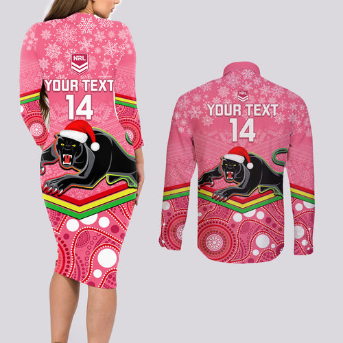 custom-panthers-rugby-christmas-couples-matching-long-sleeve-bodycon-dress-and-long-sleeve-button-shirt-merry-xmas-2023-mix-aboriginal-art-pink-version