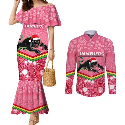 custom-panthers-rugby-christmas-couples-matching-mermaid-dress-and-long-sleeve-button-shirt-merry-xmas-2023-mix-aboriginal-art-pink-version