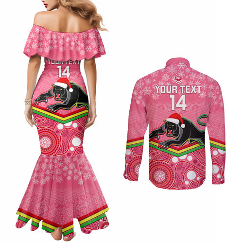 custom-panthers-rugby-christmas-couples-matching-mermaid-dress-and-long-sleeve-button-shirt-merry-xmas-2023-mix-aboriginal-art-pink-version