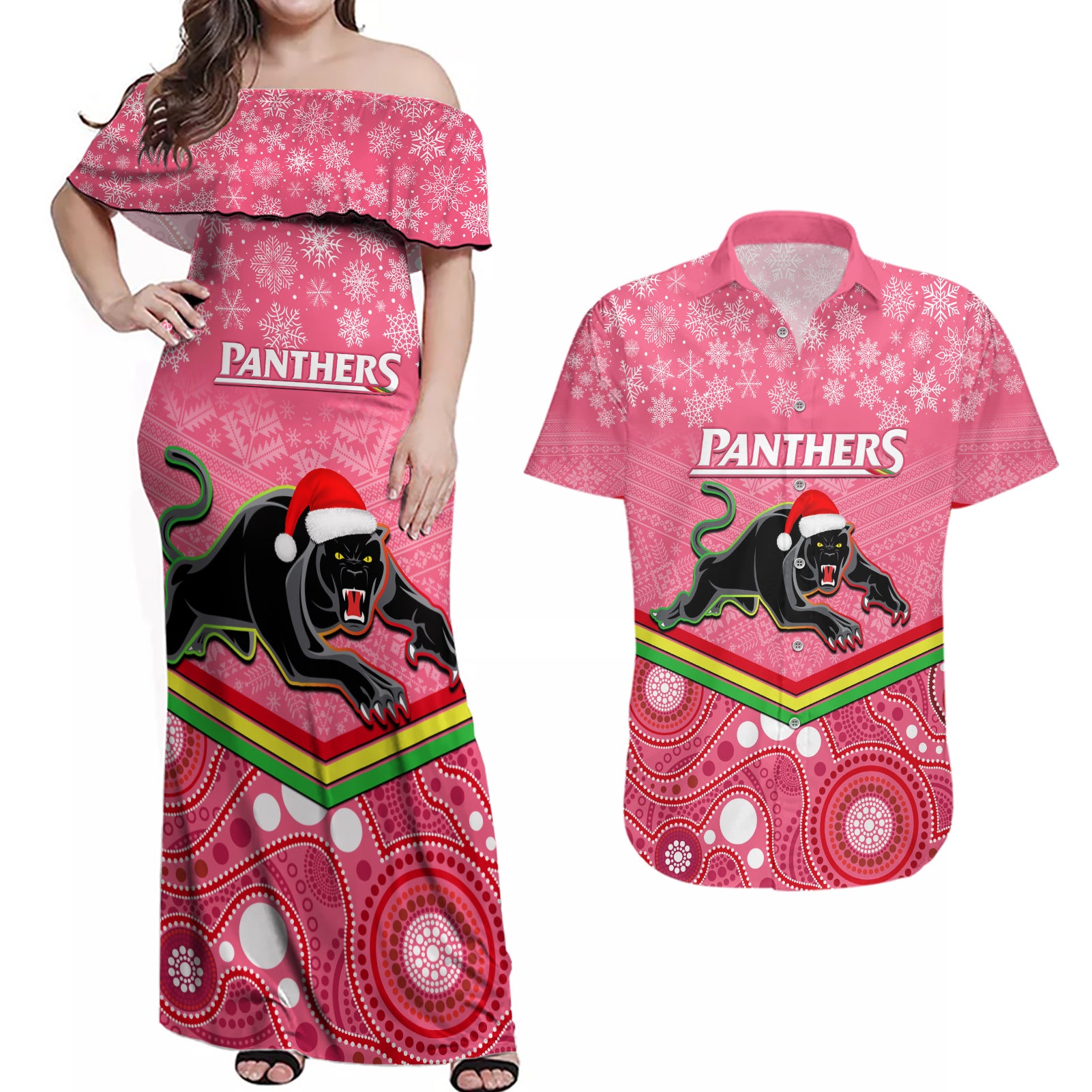 custom-panthers-rugby-christmas-couples-matching-off-shoulder-maxi-dress-and-hawaiian-shirt-merry-xmas-2023-mix-aboriginal-art-pink-version