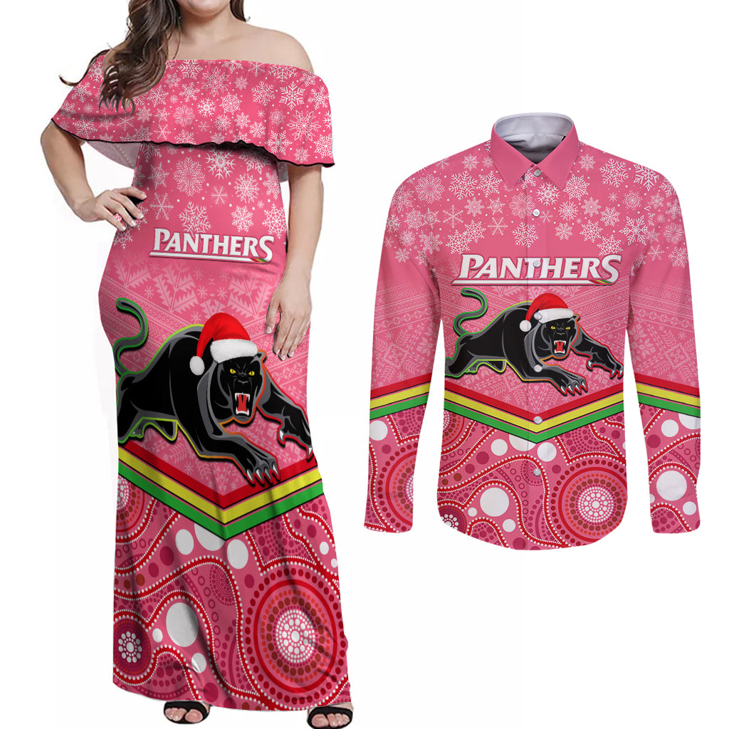 custom-panthers-rugby-christmas-couples-matching-off-shoulder-maxi-dress-and-long-sleeve-button-shirt-merry-xmas-2023-mix-aboriginal-art-pink-version