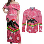 custom-panthers-rugby-christmas-couples-matching-off-shoulder-maxi-dress-and-long-sleeve-button-shirt-merry-xmas-2023-mix-aboriginal-art-pink-version