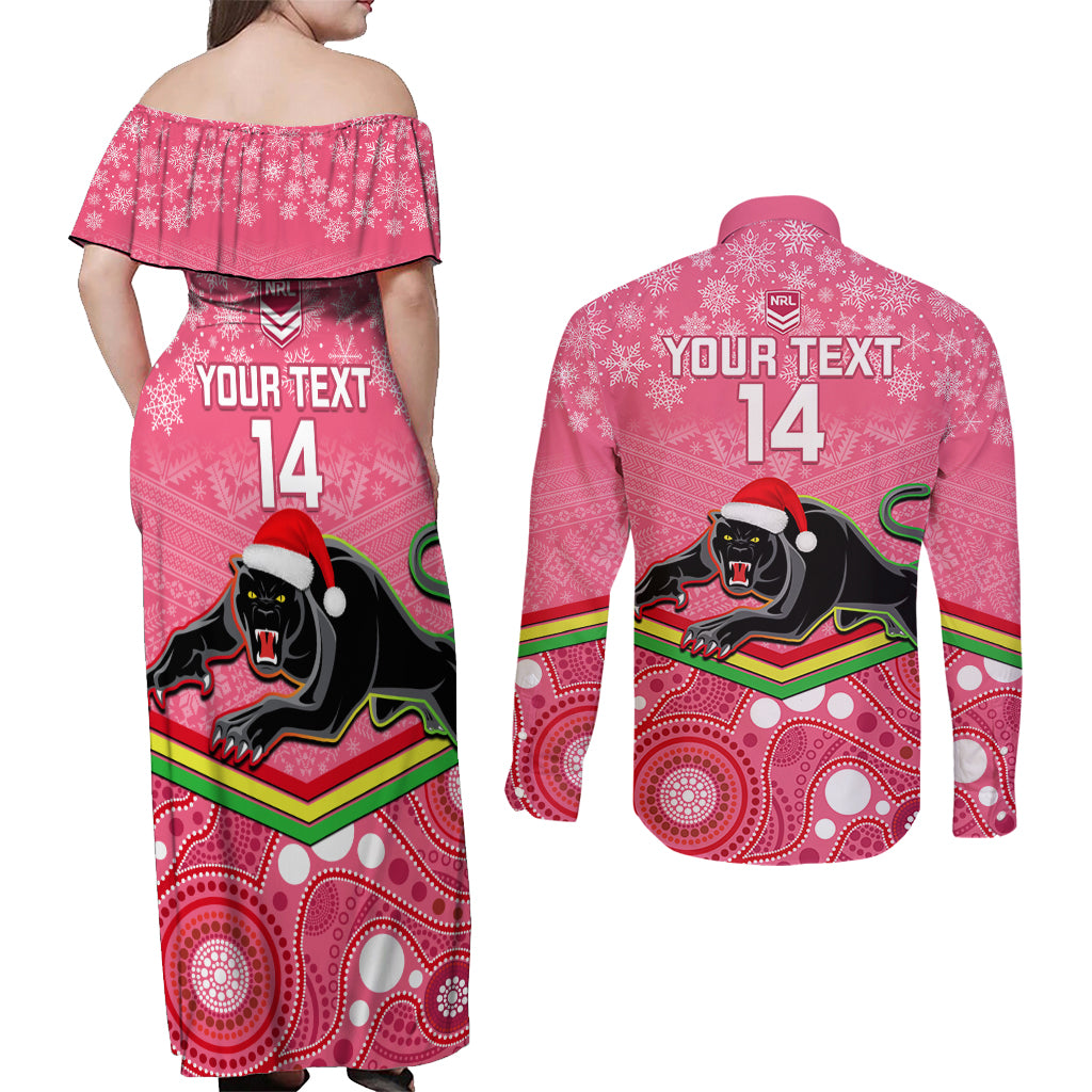 custom-panthers-rugby-christmas-couples-matching-off-shoulder-maxi-dress-and-long-sleeve-button-shirt-merry-xmas-2023-mix-aboriginal-art-pink-version