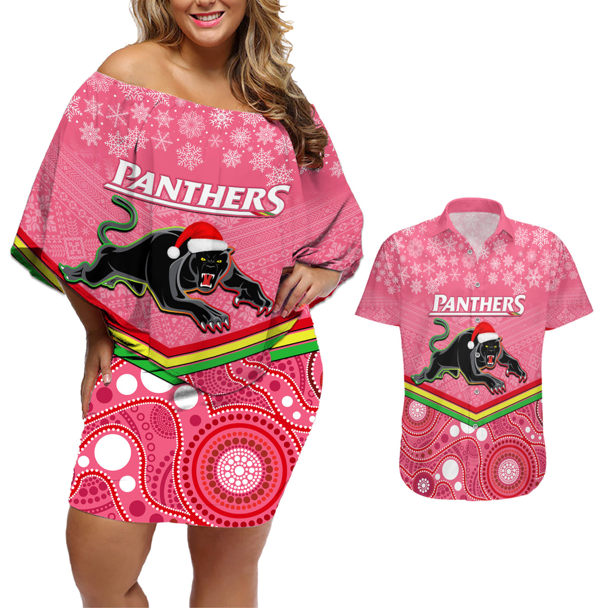 custom-panthers-rugby-christmas-couples-matching-off-shoulder-short-dress-and-hawaiian-shirt-merry-xmas-2023-mix-aboriginal-art-pink-version